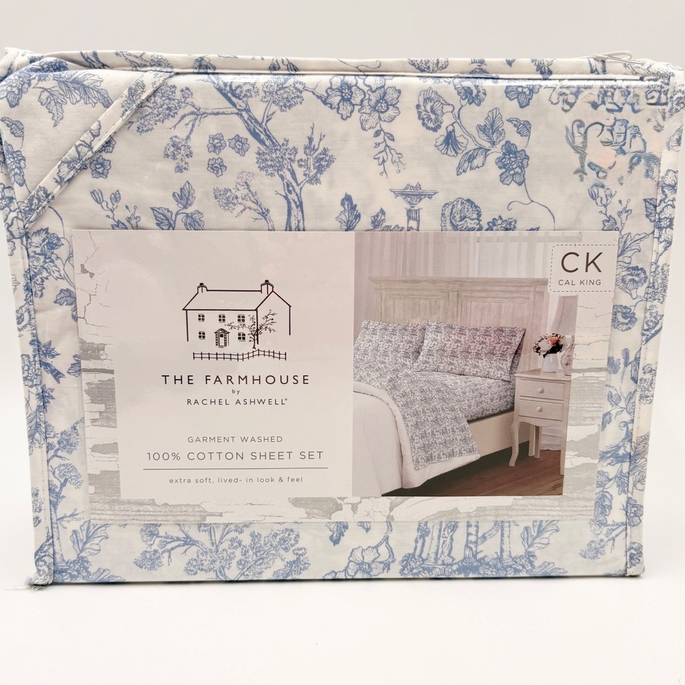 Rachel Ashwell‎ Farmhouse Cal King Sheet Set Blue White Floral Toile 100% Cotton